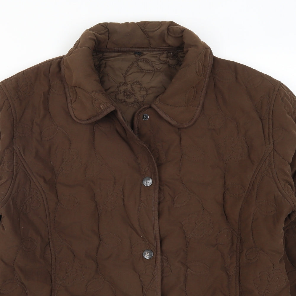 Preworn Womens Brown Floral  Quilted Coat Size 14  - Embroidered Flowers