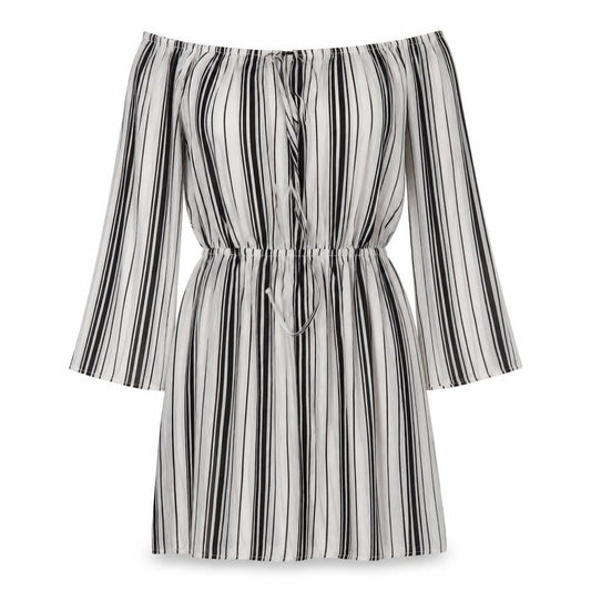 Front view of Missguided women’s grey striped fit & flare, size UK 10