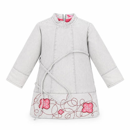 Front view of Du parseil girls’ grey floral pinafore/dungaree dress, size 24, months
