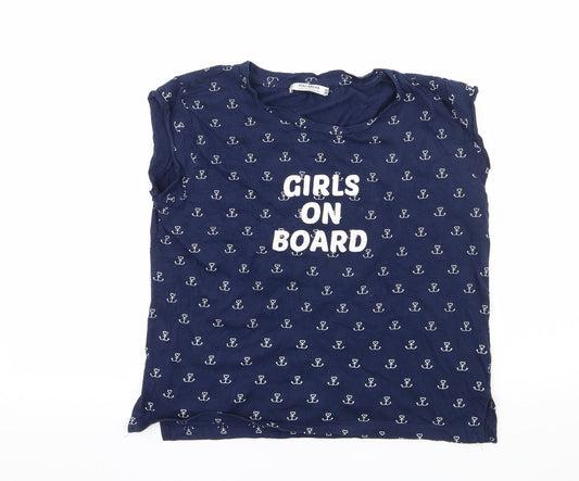 Pull&Bear Womens Blue Geometric Jersey Basic T-Shirt Size S  - Girls on Board