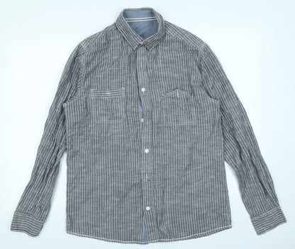 Preloved Peacocks Mens Grey Striped   Button-Up Size M - Front