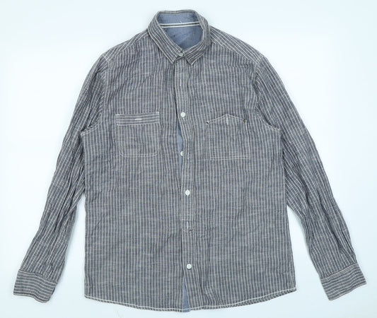 Peacocks Mens Grey Striped   Button-Up Size M