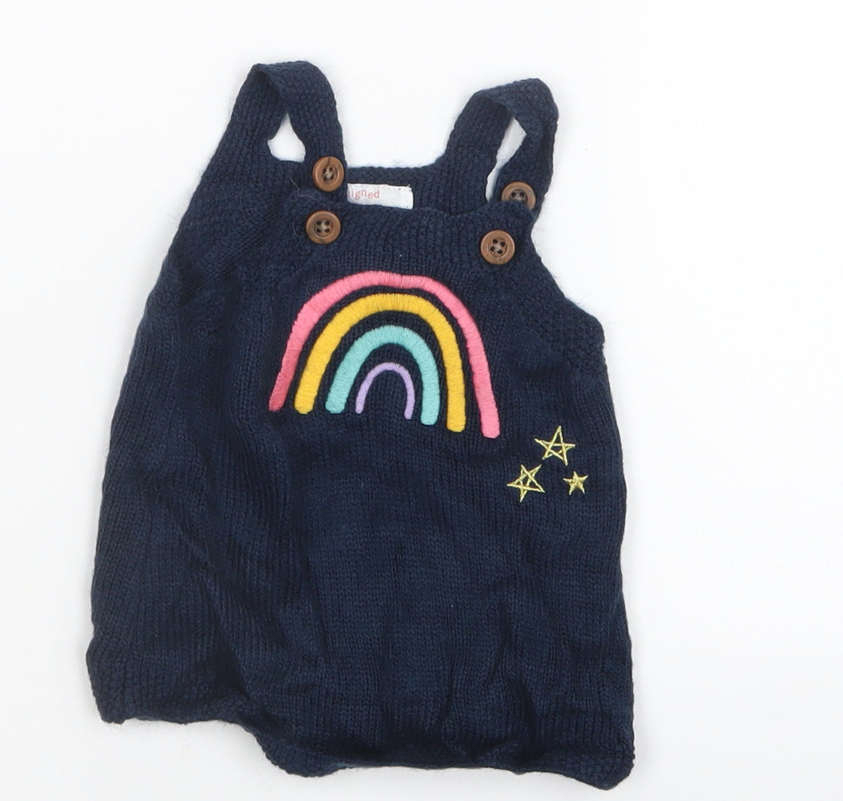 Additional front view of F&F girls’ blue knit pinafore/dungaree dress, size 0-3, months