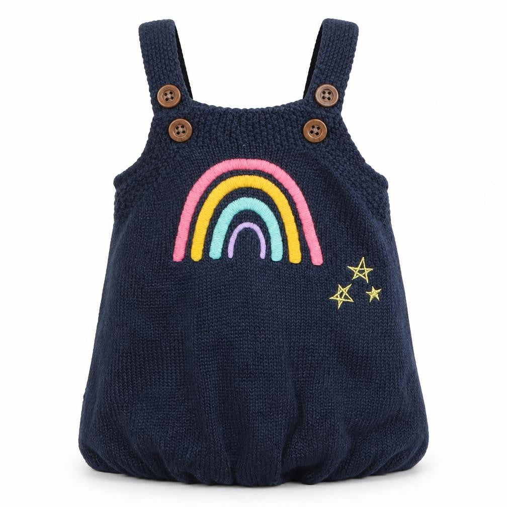 Front view of F&F girls’ blue knit pinafore/dungaree dress, size 0-3, months