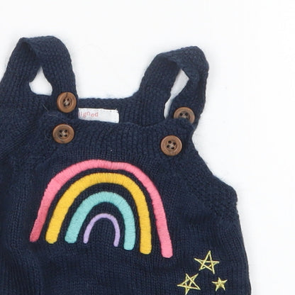 Close-up detail of F&F girls’ blue knit pinafore/dungaree dress, size 0-3, months