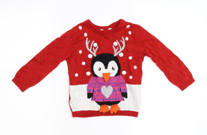 Preloved M&Co Girls Red  Knit Pullover Jumper Size 2-3 Years  - Winter Penguin - Front