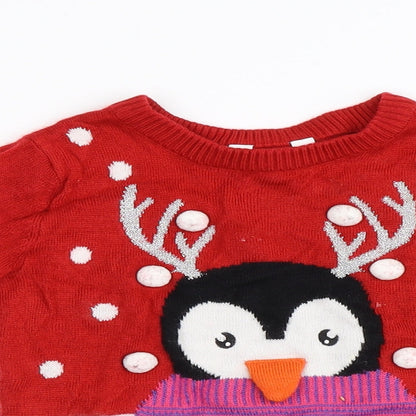 Preloved M&Co Girls Red  Knit Pullover Jumper Size 2-3 Years  - Winter Penguin - Detail