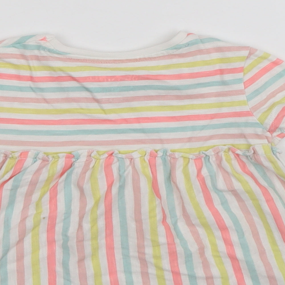 Brand and care label for F&F girls’ multicoloured striped t-shirt dress, size 12-18, months