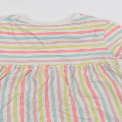 Brand and care label for F&F girls’ multicoloured striped t-shirt dress, size 12-18, months