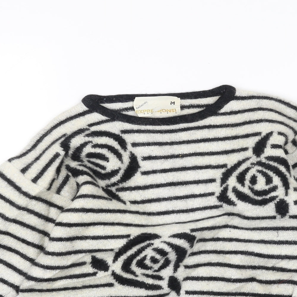 Expressions Womens White Striped  Pullover Jumper Size M