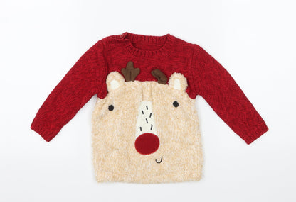 Preloved George Boys Red  Knit Pullover Jumper Size 9-12 Months  - Rudolph - Front