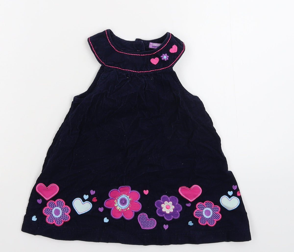 Additional front view of Cheeky monkey girls’ blue floral corduroy fit & flare, size 12-18, months