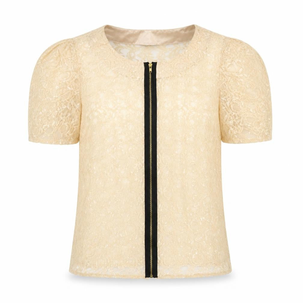 Preworn Womens Beige Floral Lace Basic Blouse Size M