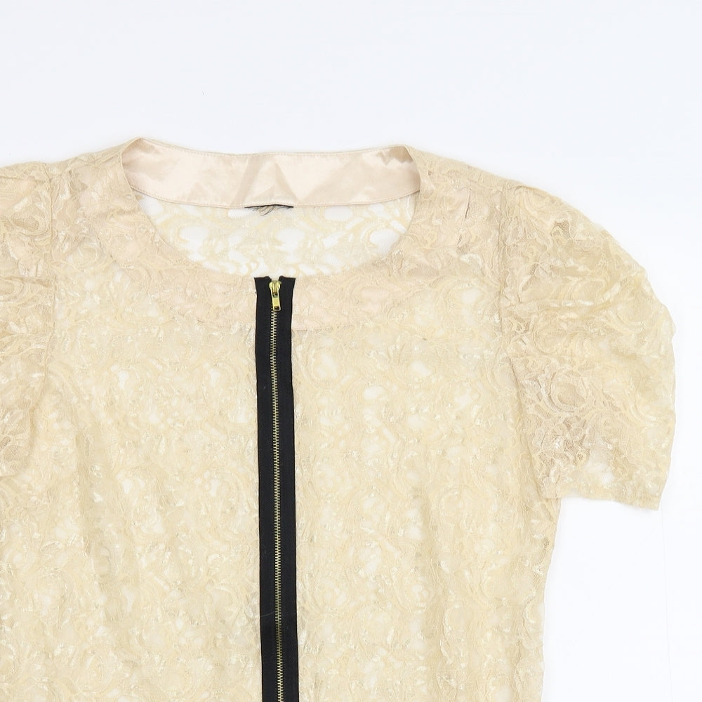 Preworn Womens Beige Floral Lace Basic Blouse Size M