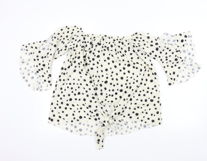 Preloved Preworn Womens Beige Polka Dot  Basic Blouse Size L  - Frill Detail - Front