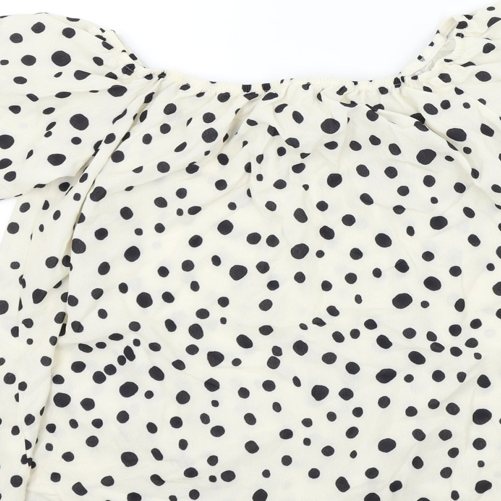 Preworn Womens Beige Polka Dot  Basic Blouse Size L  - Frill Detail