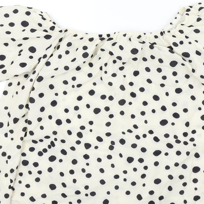 Preloved Preworn Womens Beige Polka Dot  Basic Blouse Size L  - Frill Detail - Label