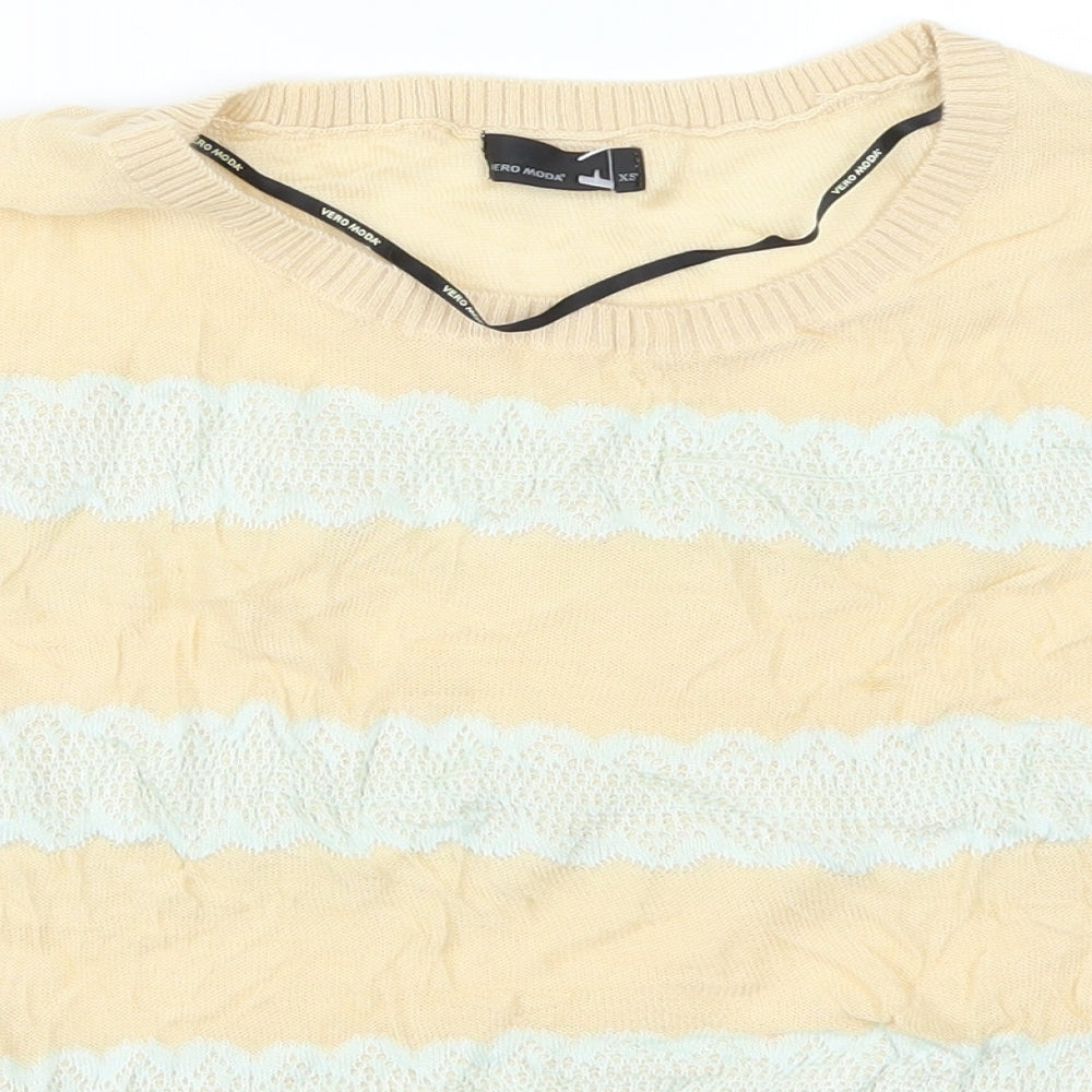 VERO MODA Womens Beige Striped Lace Basic T-Shirt Size XS