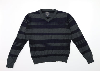 Preloved Kensington Mens Grey Striped Knit Pullover Jumper Size L - Front