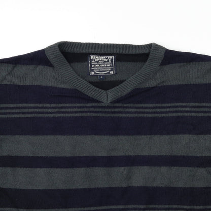 Preloved Kensington Mens Grey Striped Knit Pullover Jumper Size L - Detail