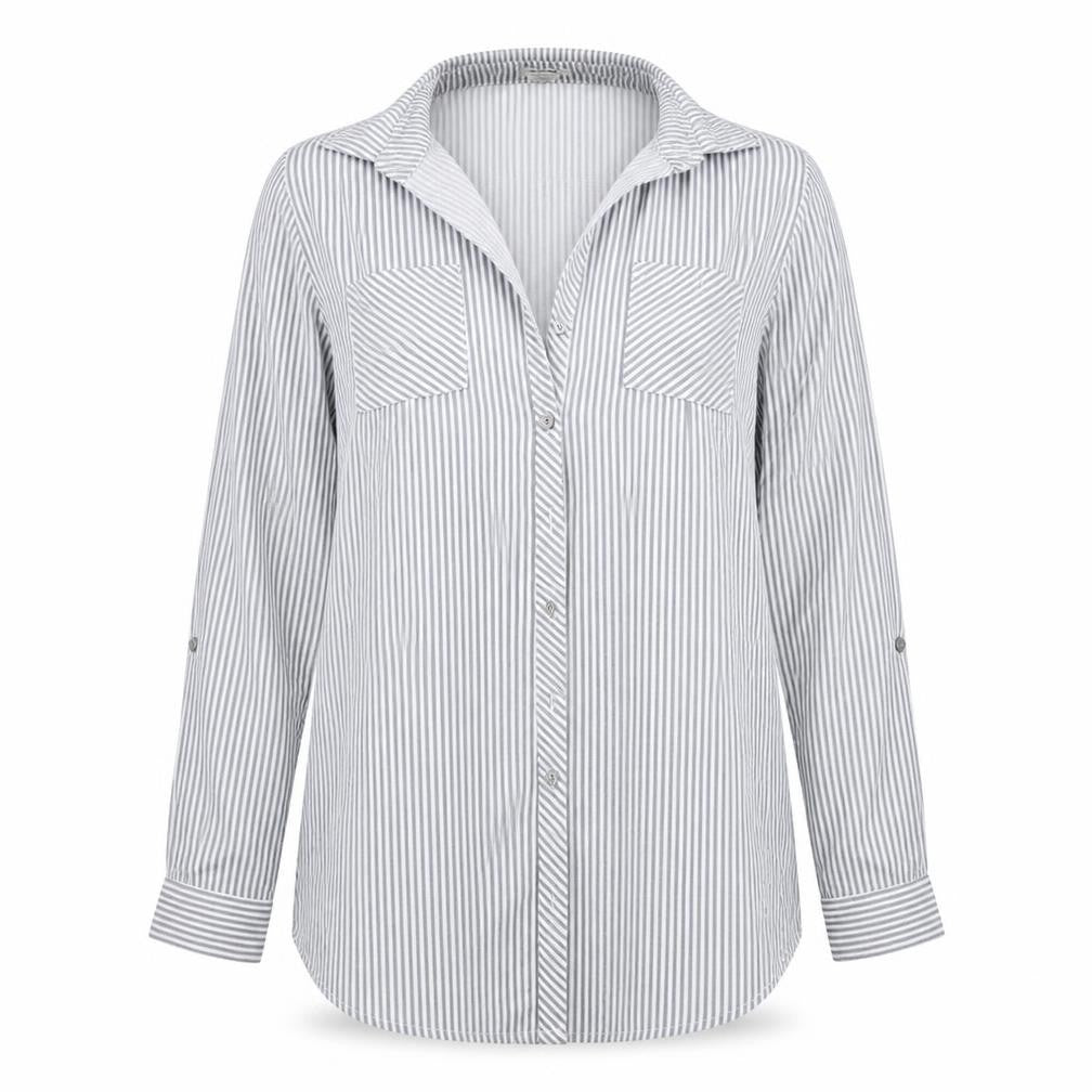 Pasport Womens Grey Striped  Basic Button-Up Size L