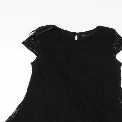 Close-up detail of Atmosphere women’s black floral a-line, size UK 8