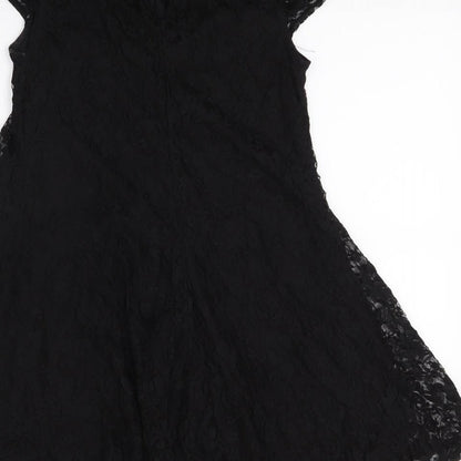 Brand and care label for Atmosphere women’s black floral a-line, size UK 8