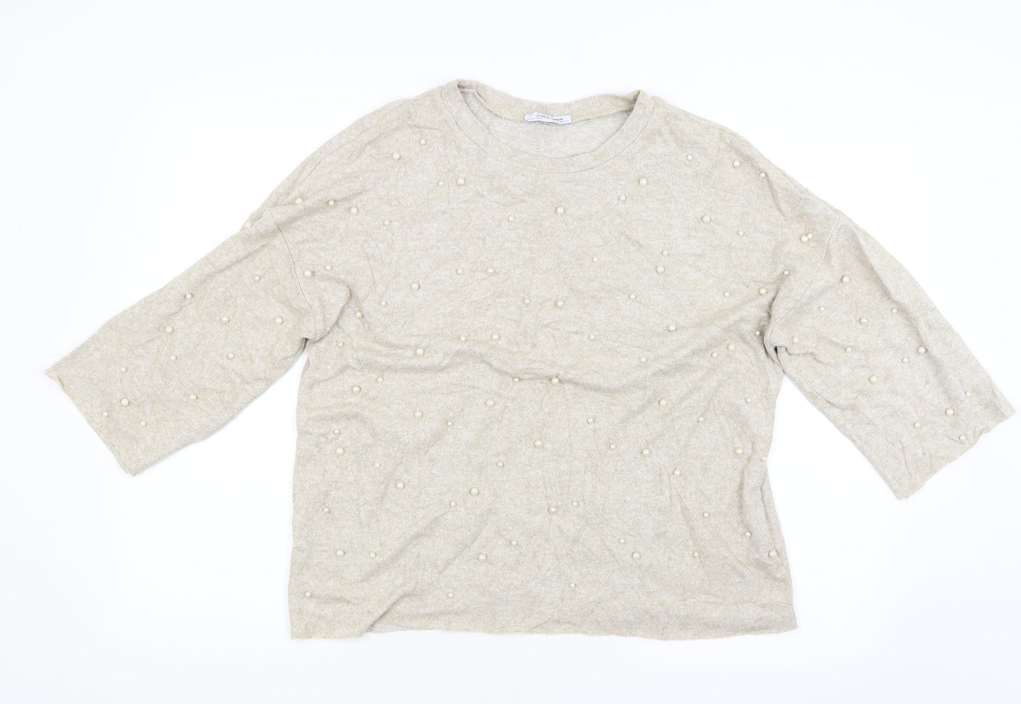 Zara Womens Beige   Pullover Jumper Size M  - studded front