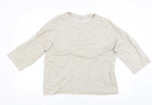 Zara Womens Beige   Pullover Jumper Size M  - studded front
