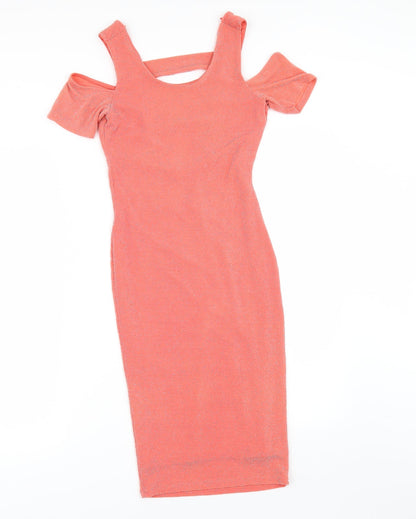 Front view of Miss Selfridge women’s orange bodycon, size UK 6, - cold shoulder