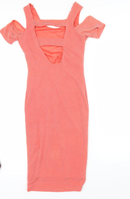Back view of Miss Selfridge women’s orange bodycon, size UK 6, - cold shoulder
