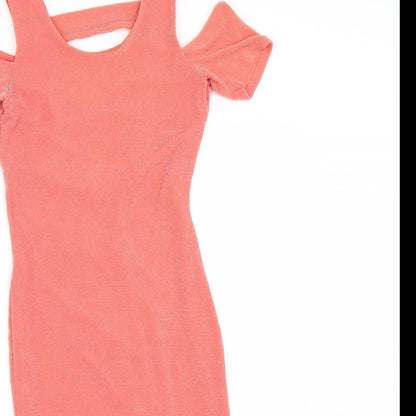 Close-up detail of Miss Selfridge women’s orange bodycon, size UK 6, - cold shoulder