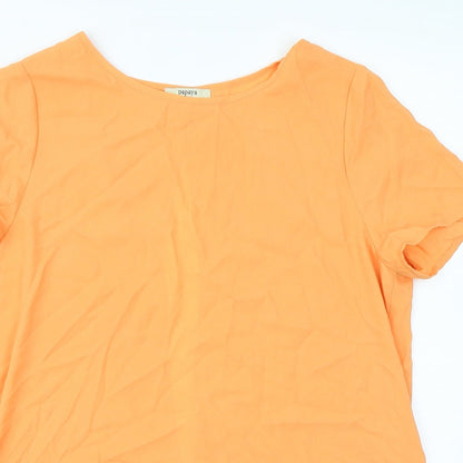 Close-up detail of Papaya women’s orange basic blouse, size UK 14, - open back