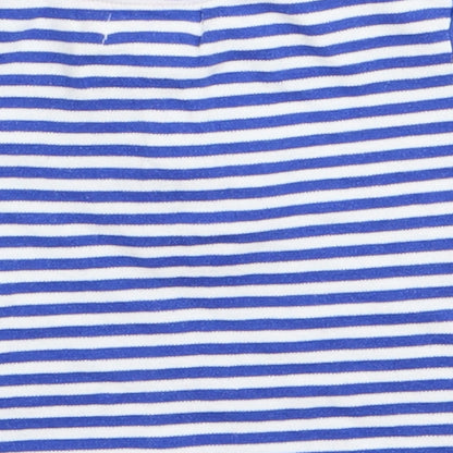 Brand and care label for BABLUNO boys’ blue striped basic t-shirt, size 3-6, months