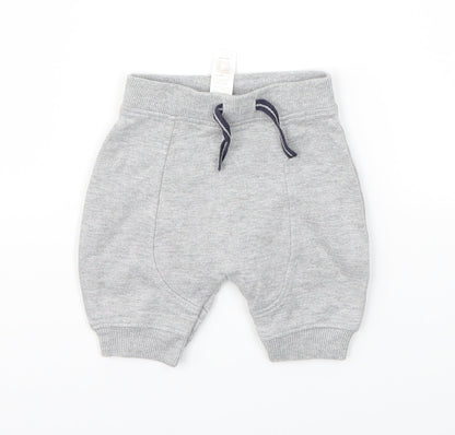 Front view of Baby boys’ grey capri trousers, size 0-3, months