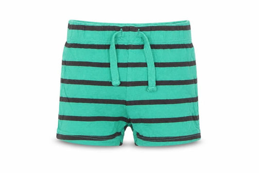 Front view of F&F boys’ green striped capri trousers, size 6-9, months