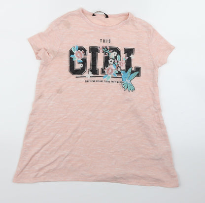 Front view of George girls’ pink fair isle basic t-shirt, size 9-10, years