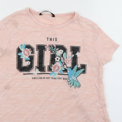 Close-up detail of George girls’ pink fair isle basic t-shirt, size 9-10, years