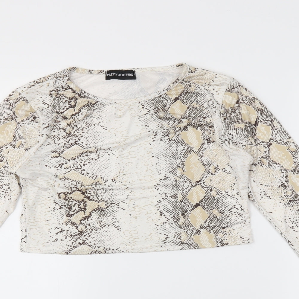 PRETTYLITTLETHING Womens White Animal Print  Cropped T-Shirt Size 10