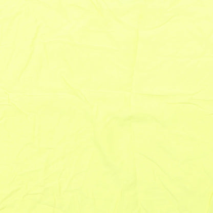 Brand and care label for Atmosphere women’s yellow rayon basic t-shirt, size UK 12