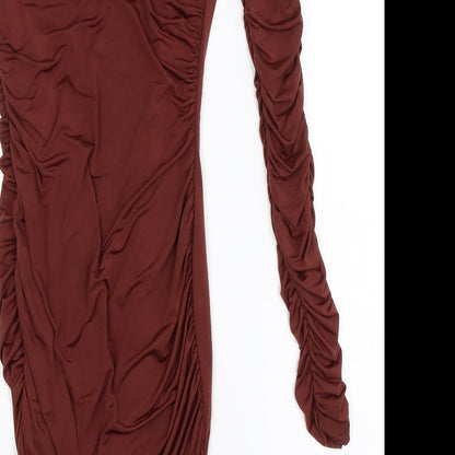 Brand and care label for Missguided women’s brown bodycon, size UK 8