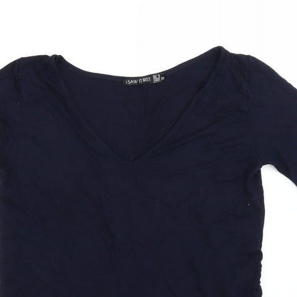 Close-up detail of I SAW IT FIRST women’s blue basic t-shirt, size UK 8