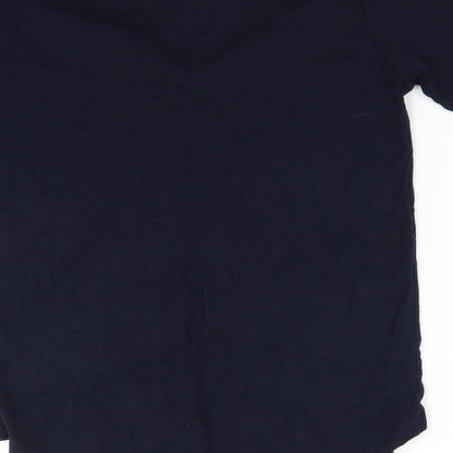 Brand and care label for I SAW IT FIRST women’s blue basic t-shirt, size UK 8