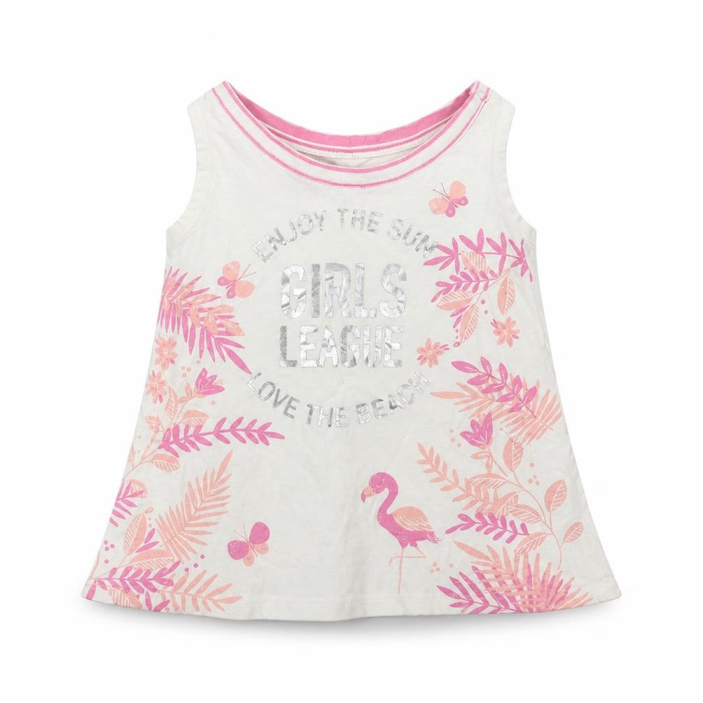 Front view of Dopo Dopo girls’ white floral basic tank, size 2-3, years - flamingo