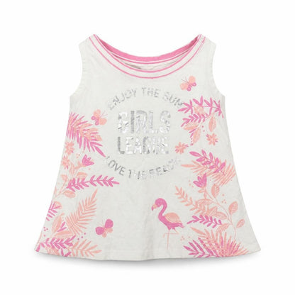 Front view of Dopo Dopo girls’ white floral basic tank, size 2-3, years - flamingo
