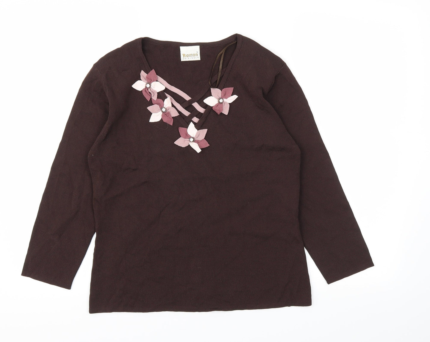 Roman Originals Womens Brown Floral  Basic T-Shirt Size S