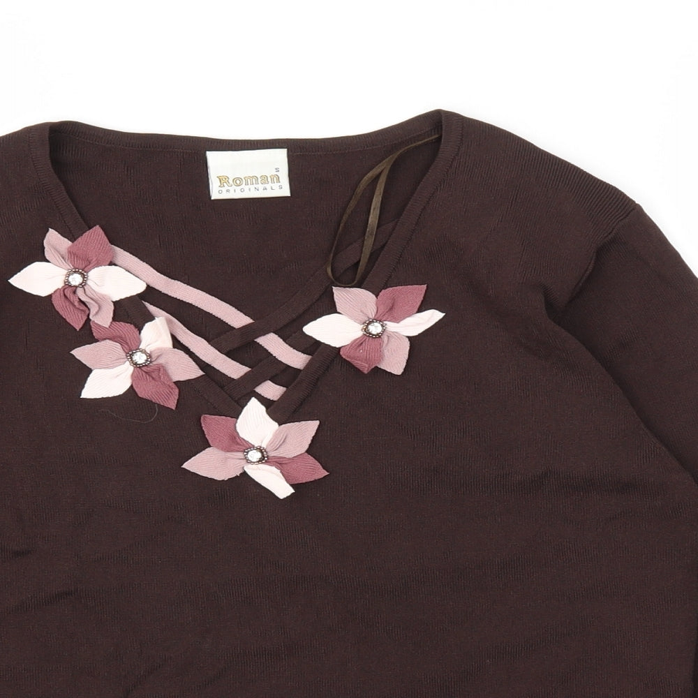 Roman Originals Womens Brown Floral  Basic T-Shirt Size S