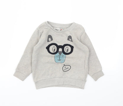 Additional front view of Babaluno boys’ grey animal print jumper, size 12-18, months