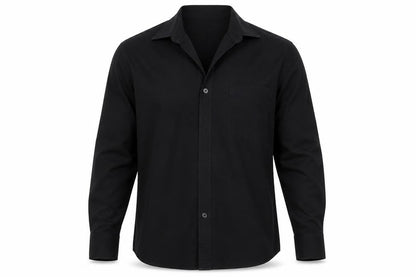 Front view of Taylor & Wright men’s black button-up, size 15.5