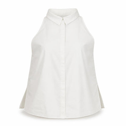Front view of ASOS women’s white basic button-up, size UK 14
